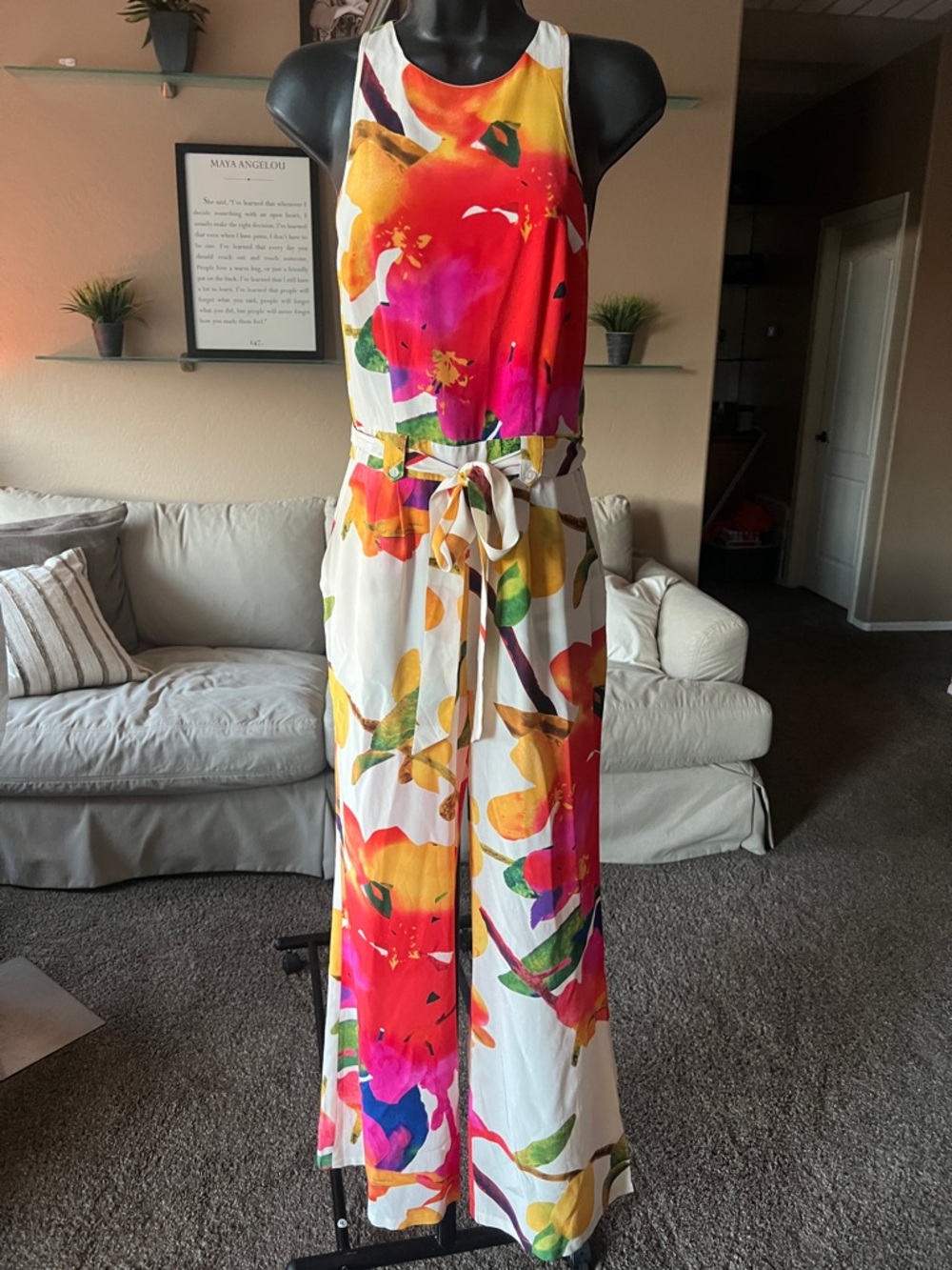 Yumi Kim Silk White Floral Wide-Leg Jumpsuit with Pink, Red & Yellow Print